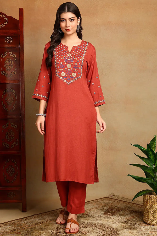 Rust Embroidered Flax Kurta