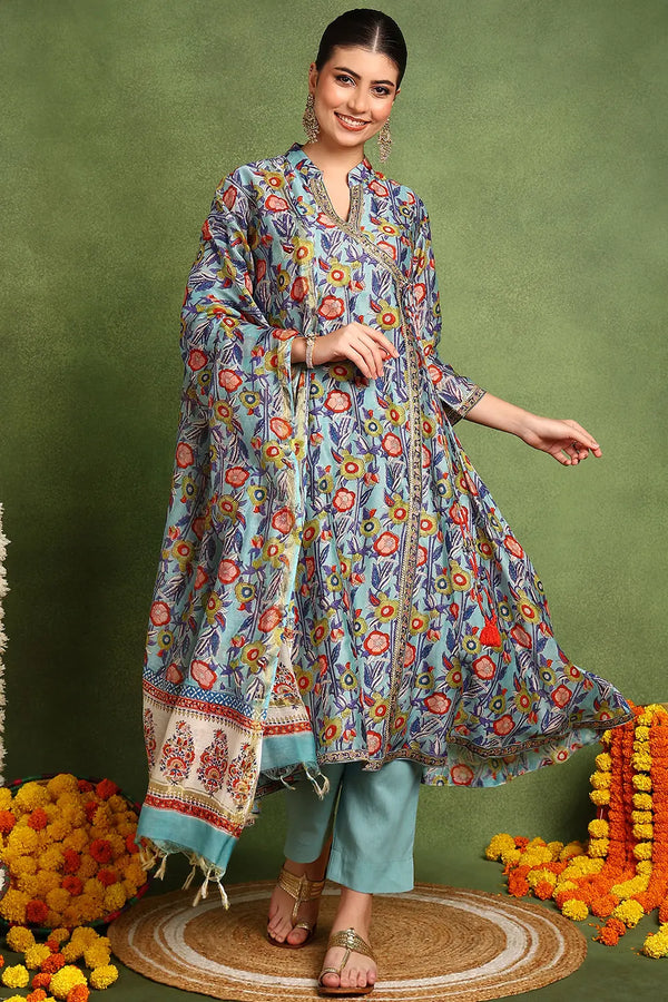 Blue Hand Block Printed Chanderi Silk Angrakha Kurta