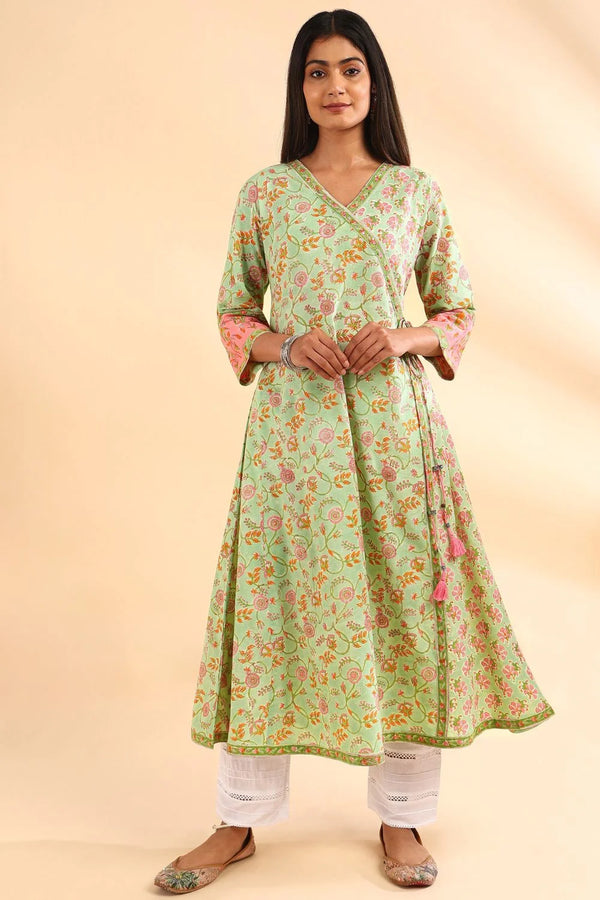 Green-Pink Angrakha Sanganeri Printed Kurta
