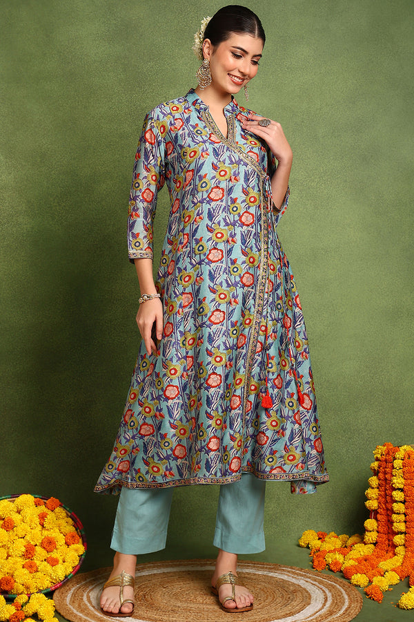 Blue Hand Block Printed Chanderi Silk Angrakha Kurta