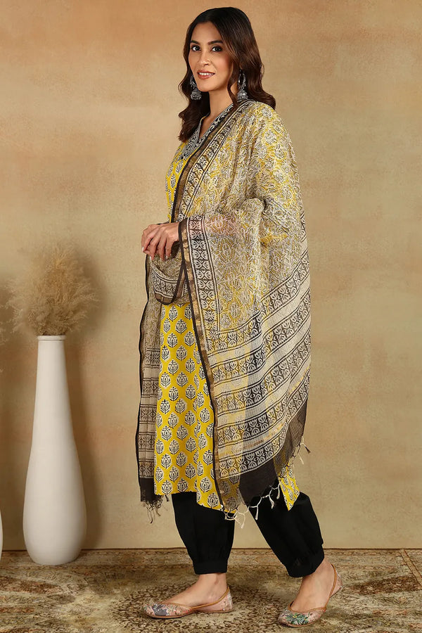 Yellow/Black Kota Doria Dupatta