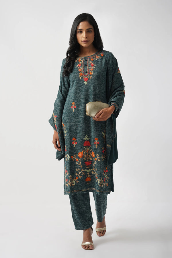 Azure Blue Karachi Wool Hand Embroidery Kurta Set