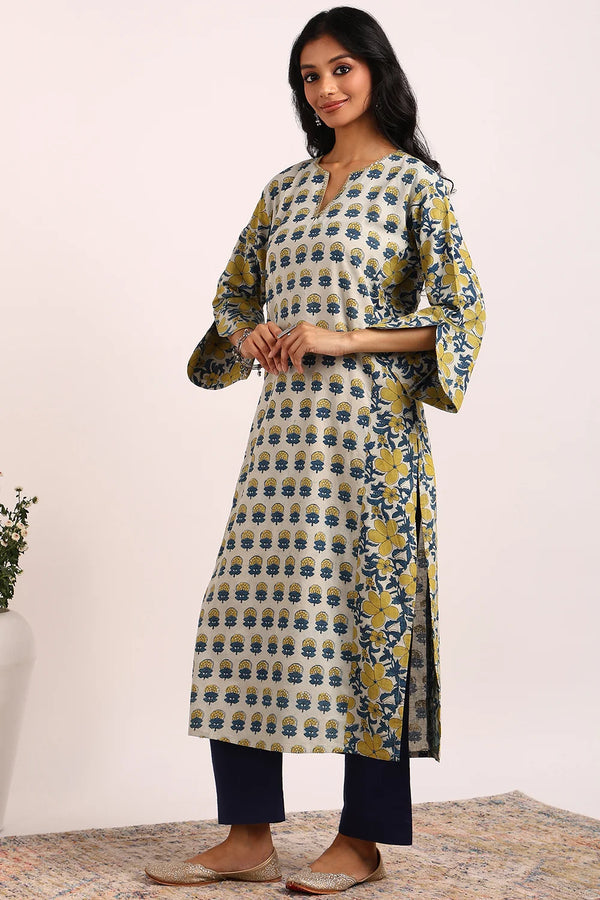 Blue-Yellow Straight Ajrakh Kurta