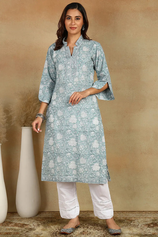 Grey/White Straight Bagru Kurta