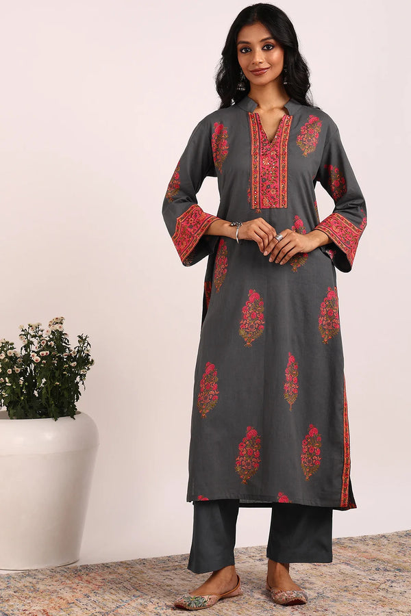 Grey-Pink Straight Sanganeri Kurta