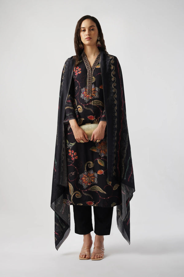 Jet Black Pure Pashmina Wool Designer Kurta Set with Embroidery