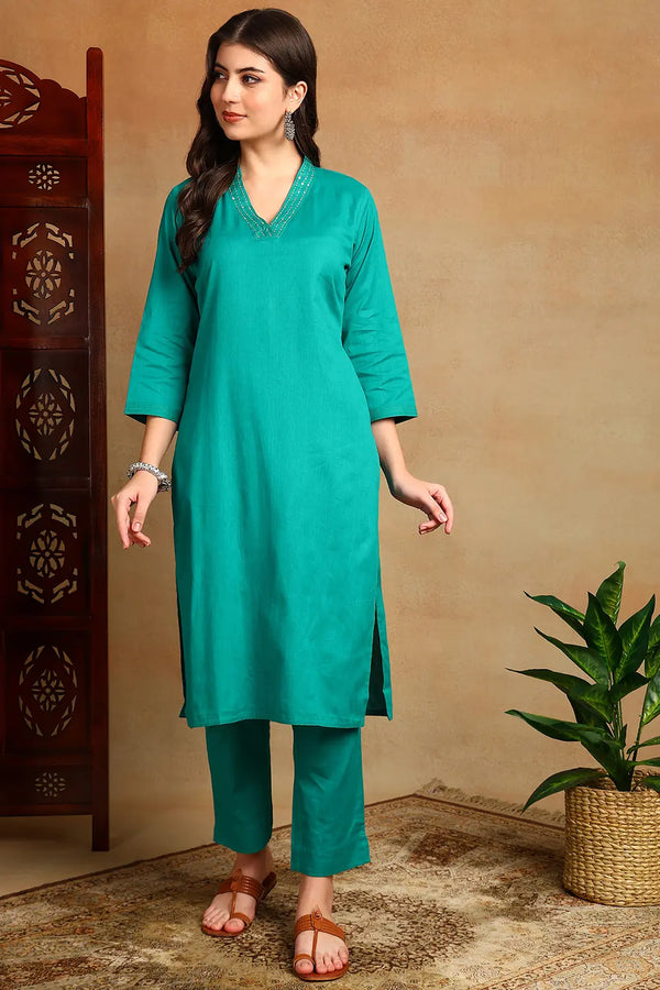 Teal Blue Embroidered Flax Kurta