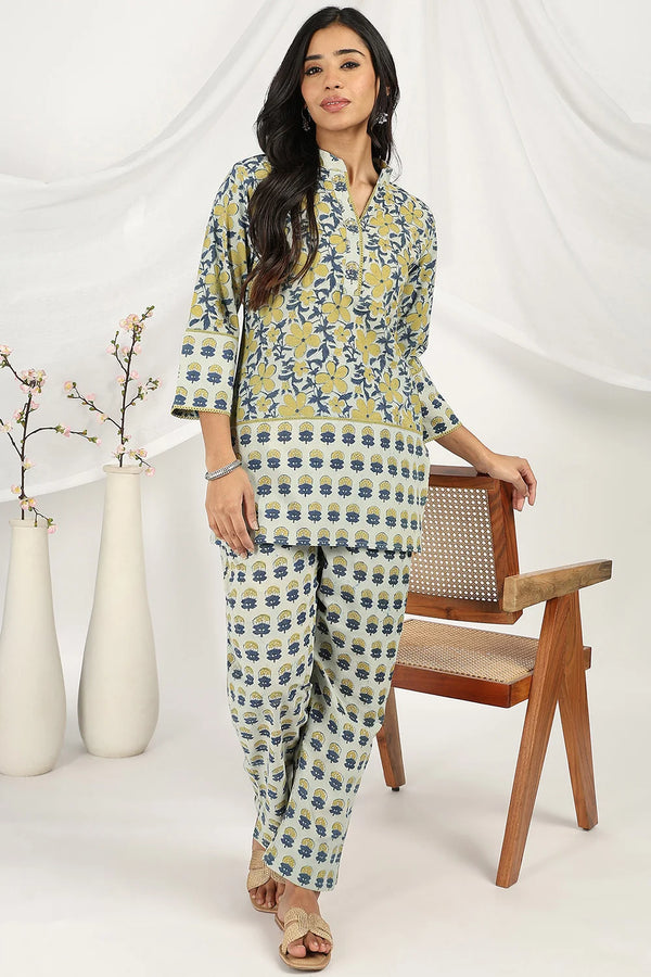 Yellow-Blue Ajrakh Co-ord Set