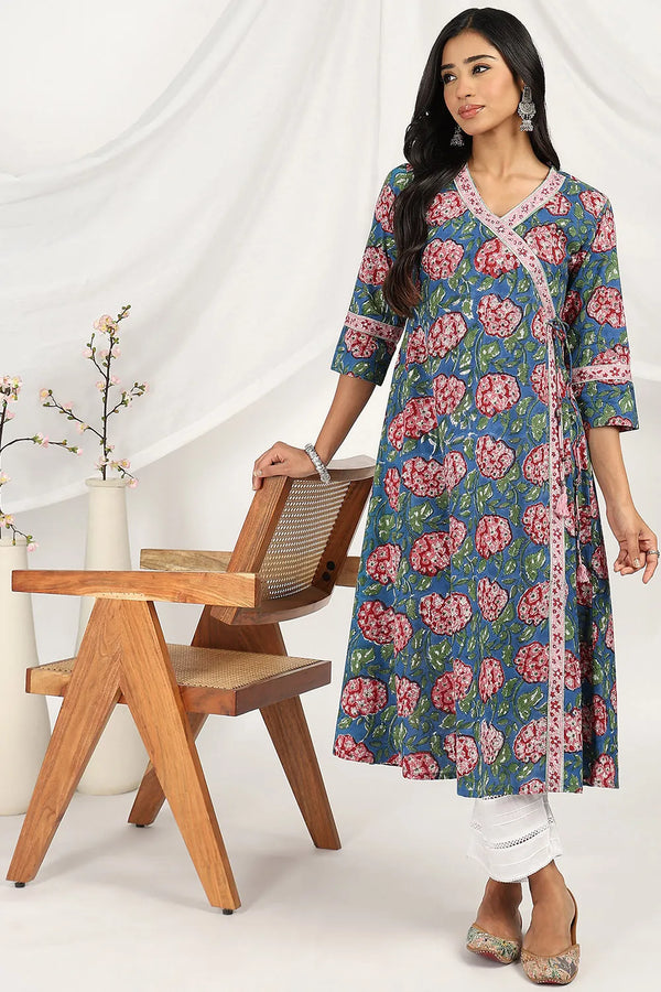 Blue-Red Sanganeri Angrakha Kurta