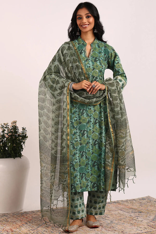 Green Kota Doria Ajrakh Dupatta