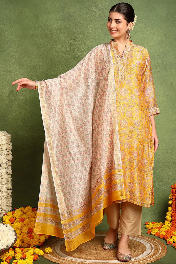 Cream/Yellow Chanderi Silk Dupatta