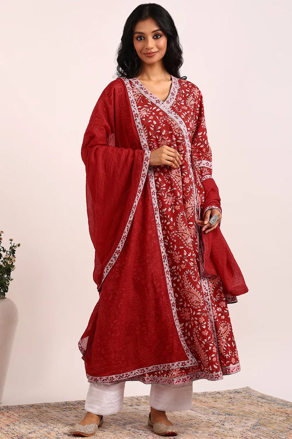 Red-Pink Sanganeri Angrakha Kurta