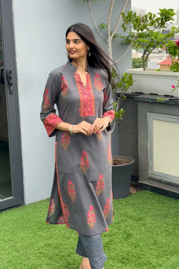 Grey-Pink Straight Sanganeri Kurta