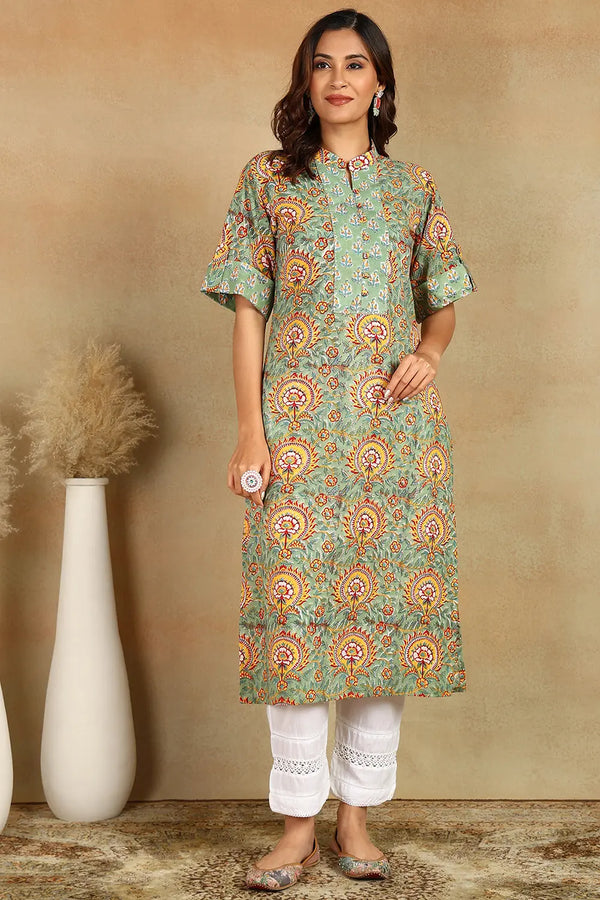 Green/Yellow Half Sleeves Kurta