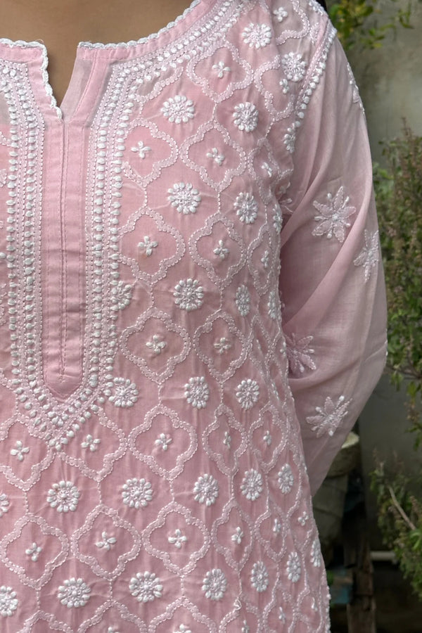 Pink Chikankari Mul Cotton Designer Kurta