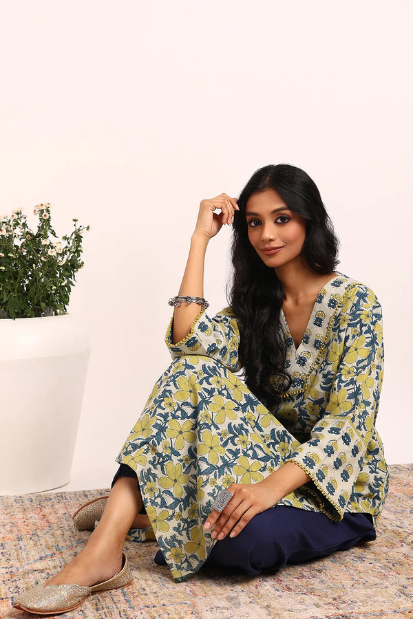 Blue-Yellow Straight Ajrakh Kurta