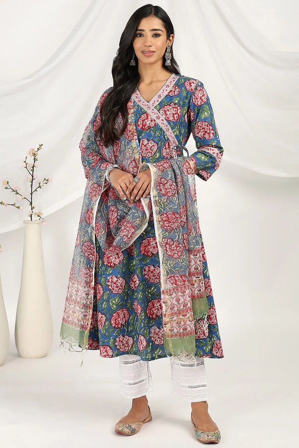 Blue-Red Sanganeri Angrakha Kurta