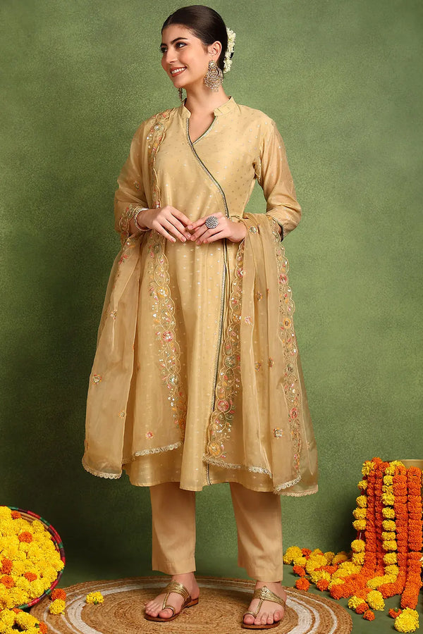 Beige Khari Printed Chanderi Silk Angrakha Kurta Set