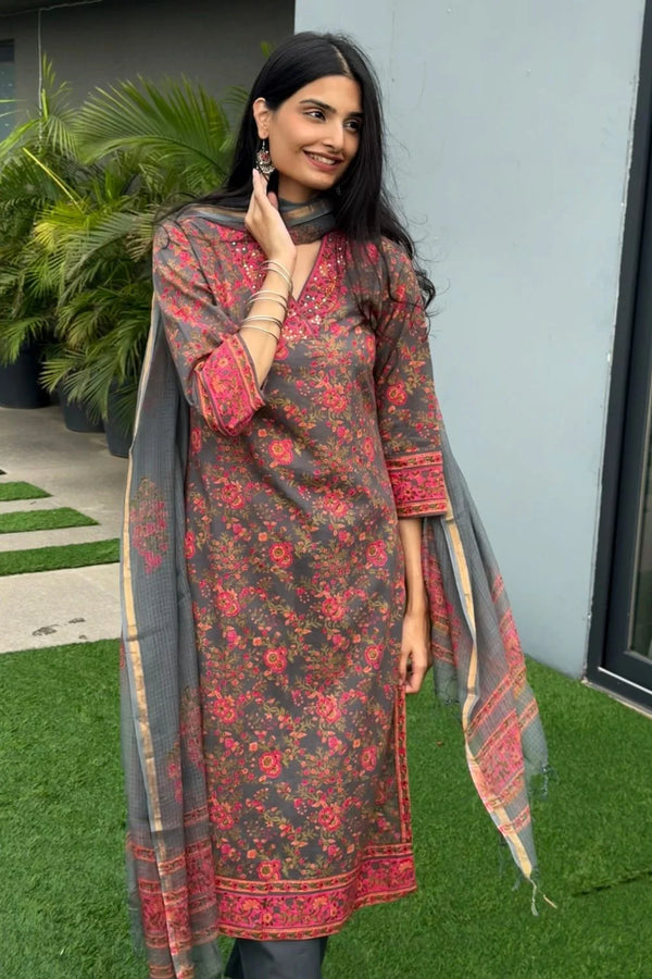 Grey-Pink Straight Sanganeri Kurta