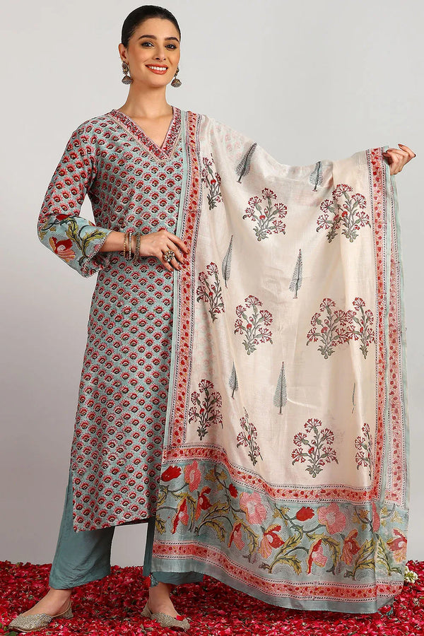 Blue-Pink Chanderi Silk Dupatta