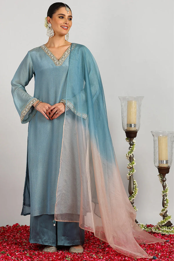 Blue-Beige Ombre Organza Dupatta