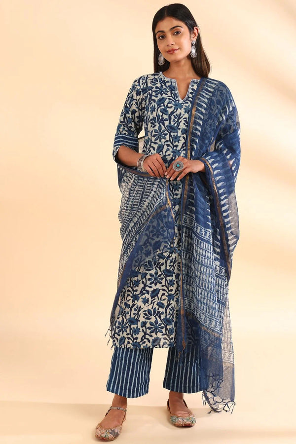 Indigo Blue Hand Block Printed Kota Doria Dupatta