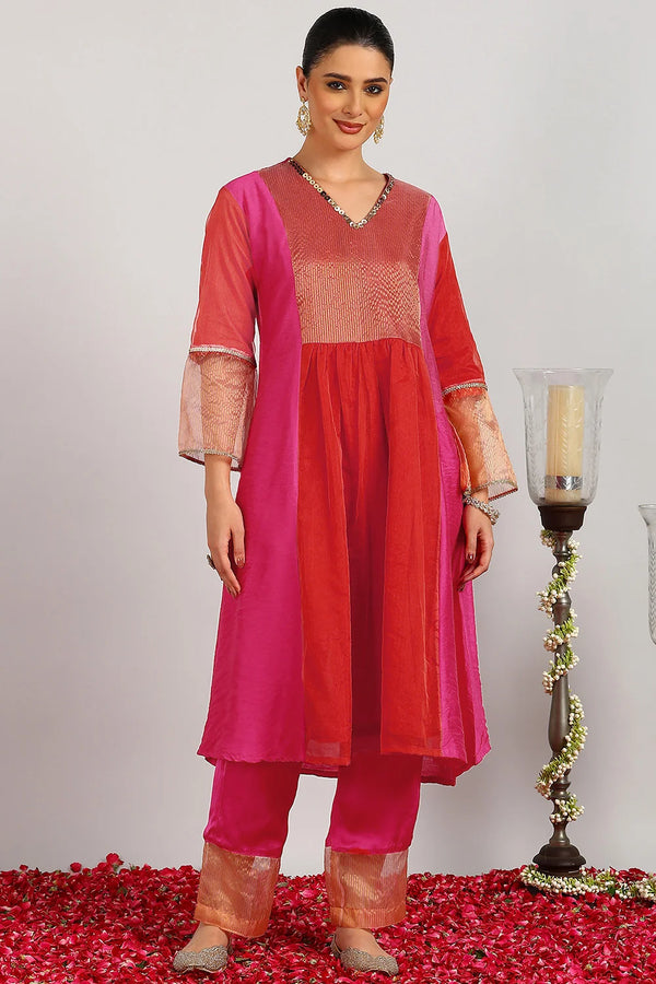 Rust & Fuchsia Pink Chanderi Kurta (Set of 2)