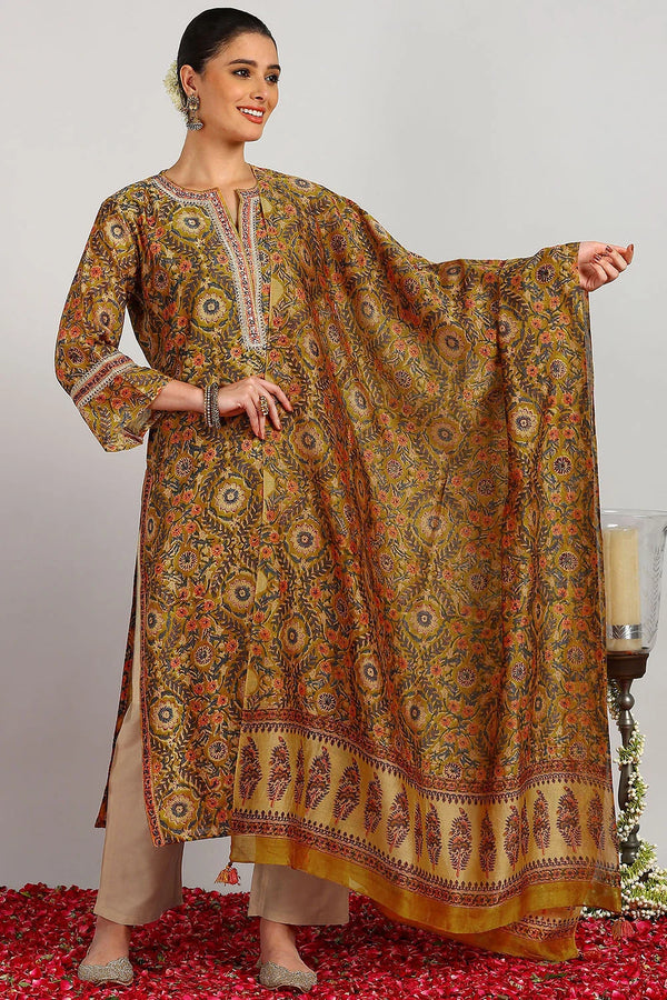 Mustard-Crimson Chanderi Silk Dupatta