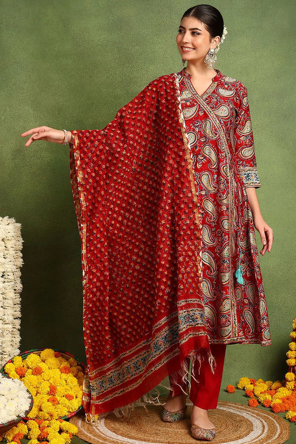 Red Chanderi Silk Angrakha Kurta Set