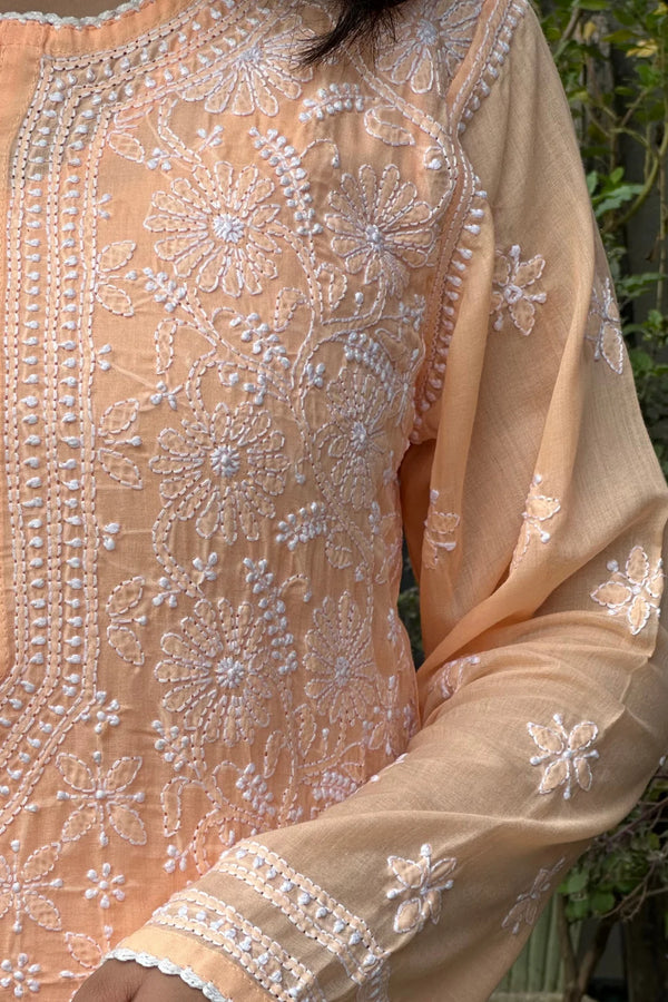 Orange Chikankari Mul Cotton Designer Kurta