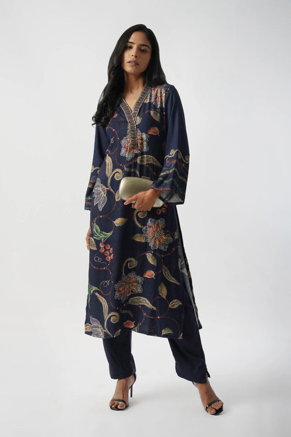 Midnight Navy Pure Pashmina Wool Designer Kurta Set with Embroidery