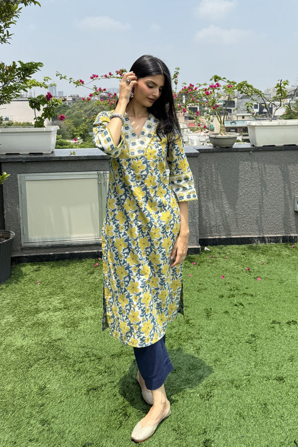 Blue-Yellow Straight Ajrakh Kurta
