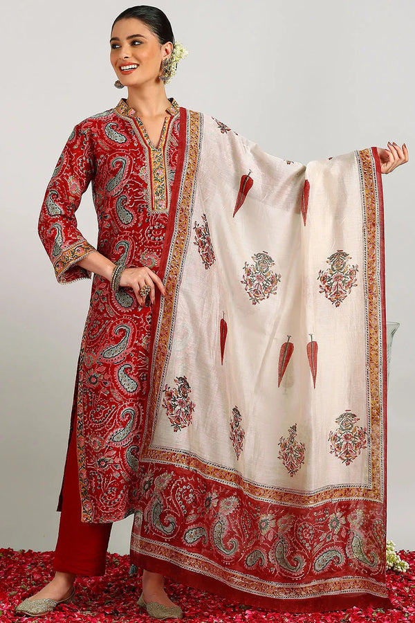 Maroon-Blue Chanderi Silk Dupatta