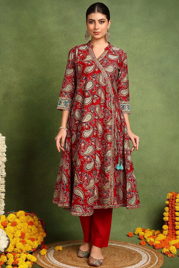 Red Hand Block Printed Chanderi Silk Angrakha Kurta