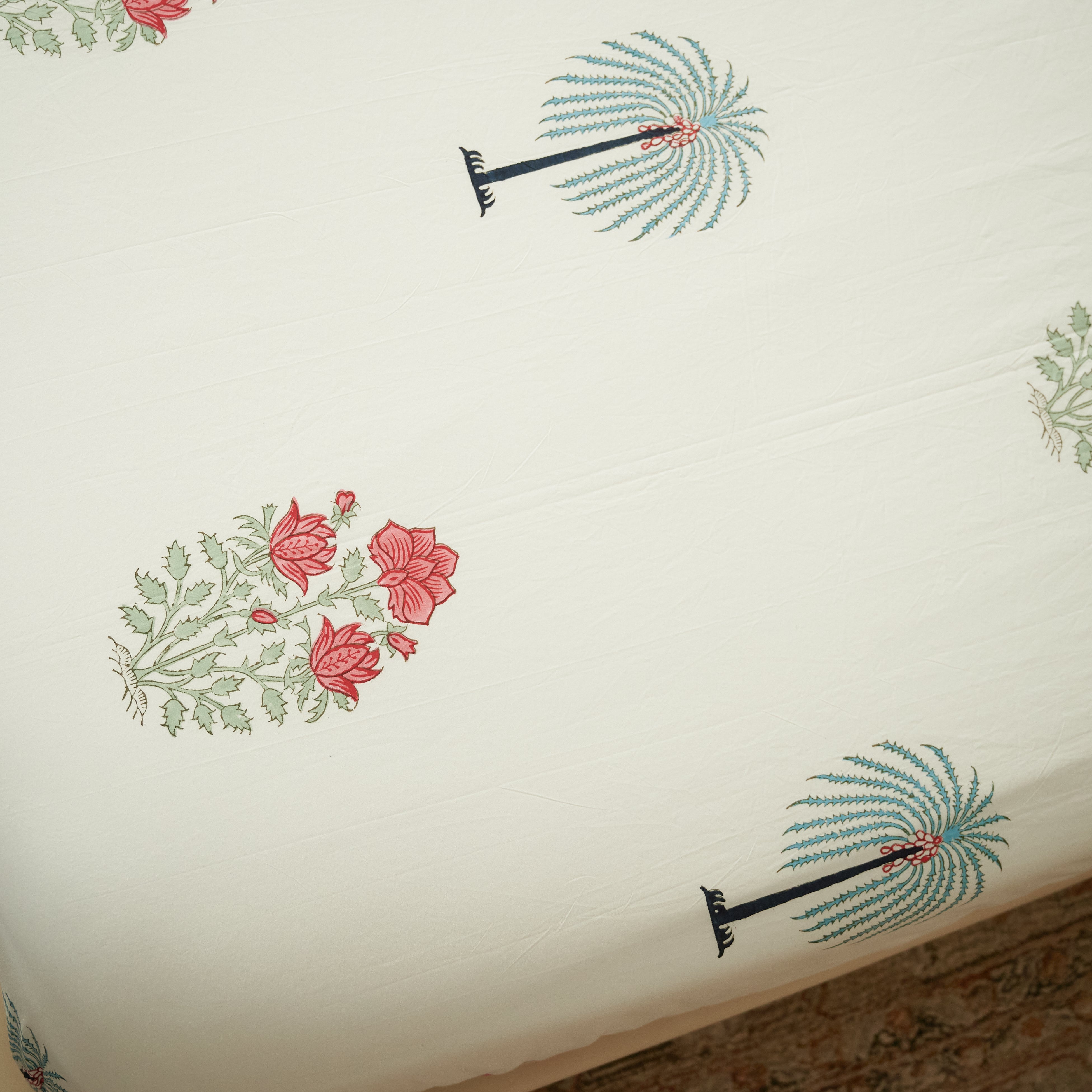 Palm Floral Hand Block Printed Bedsheet Set (Double) - Tahiliya