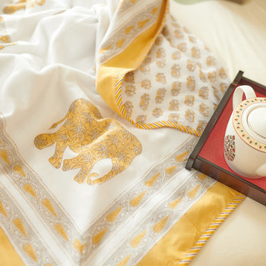 White Yellow Amber Hand Block Printed Double Dohar (Reversible) - Tahiliya