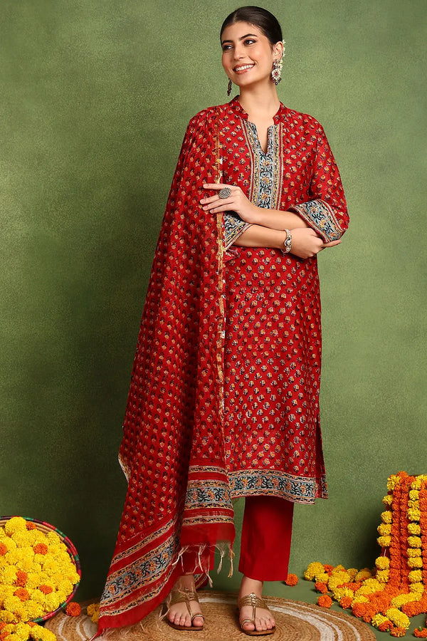 Red Chanderi Silk Straight Kurta Set