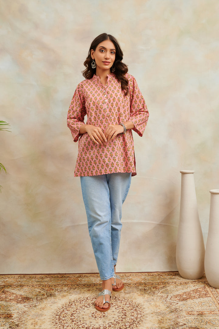 Peach Hand Block Printed Cotton Tunic - Tahiliya