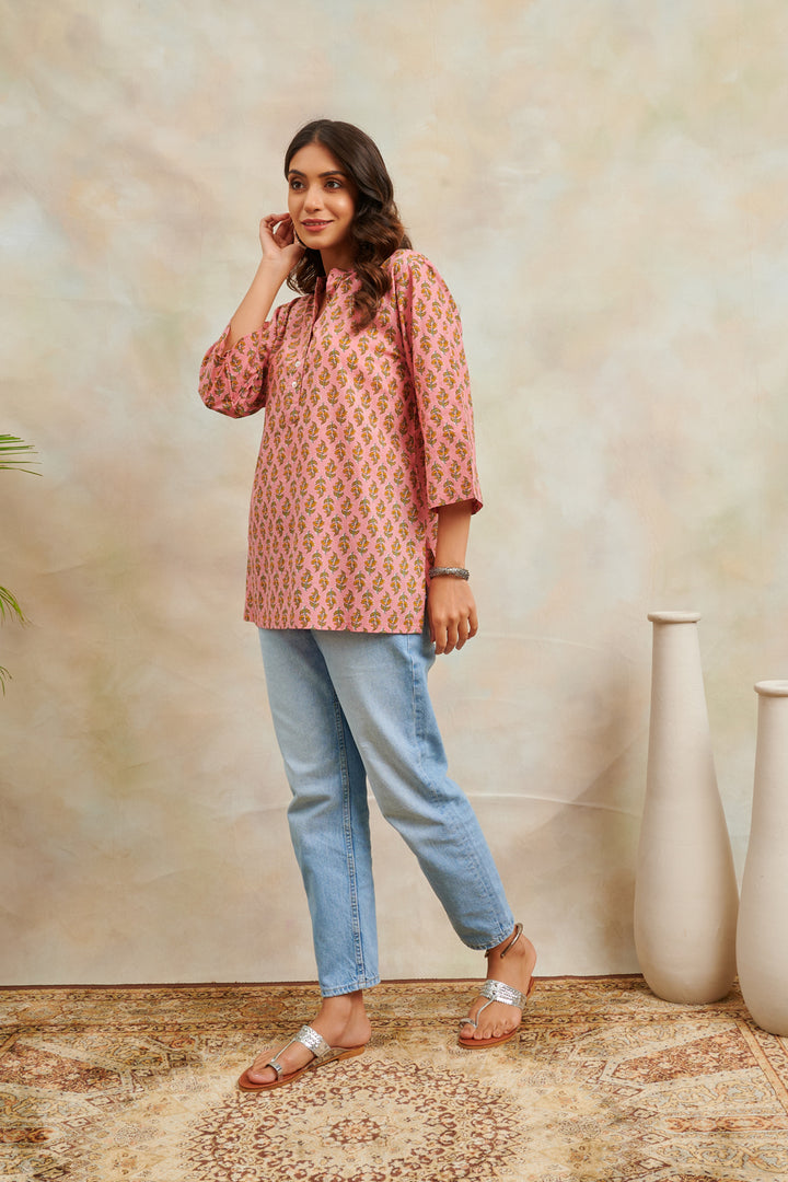 Peach Hand Block Printed Cotton Tunic - Tahiliya