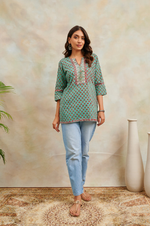 Green Hand Block Printed Tunic - Tahiliya