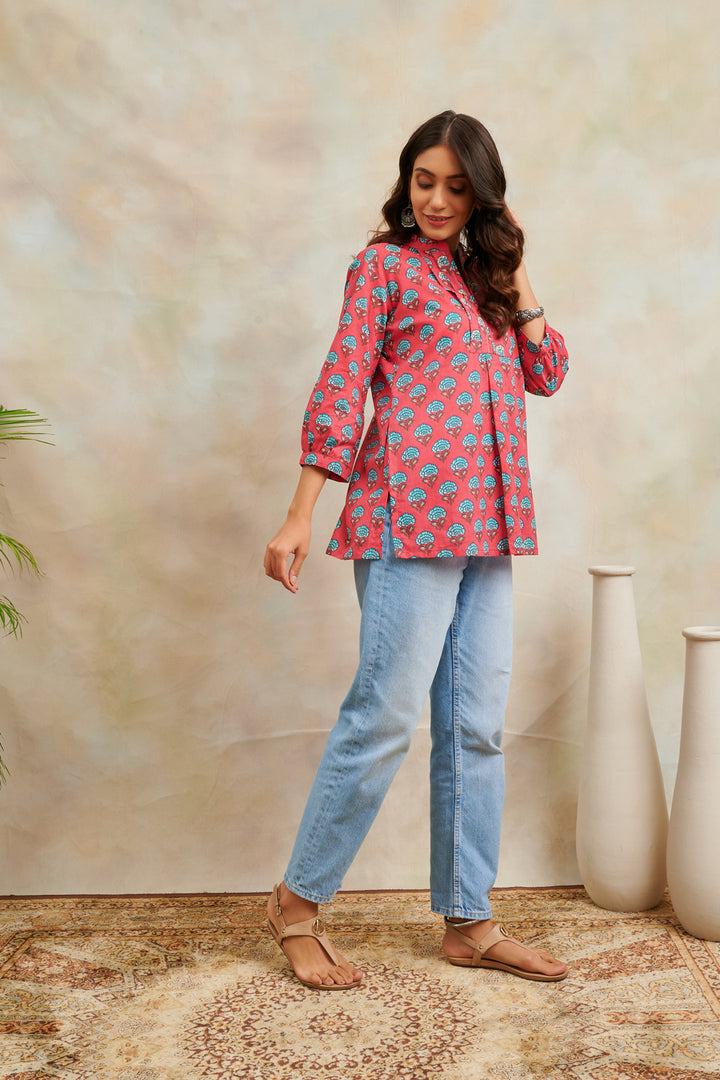 Fusia Pink Printed Cotton Tunic - Tahiliya