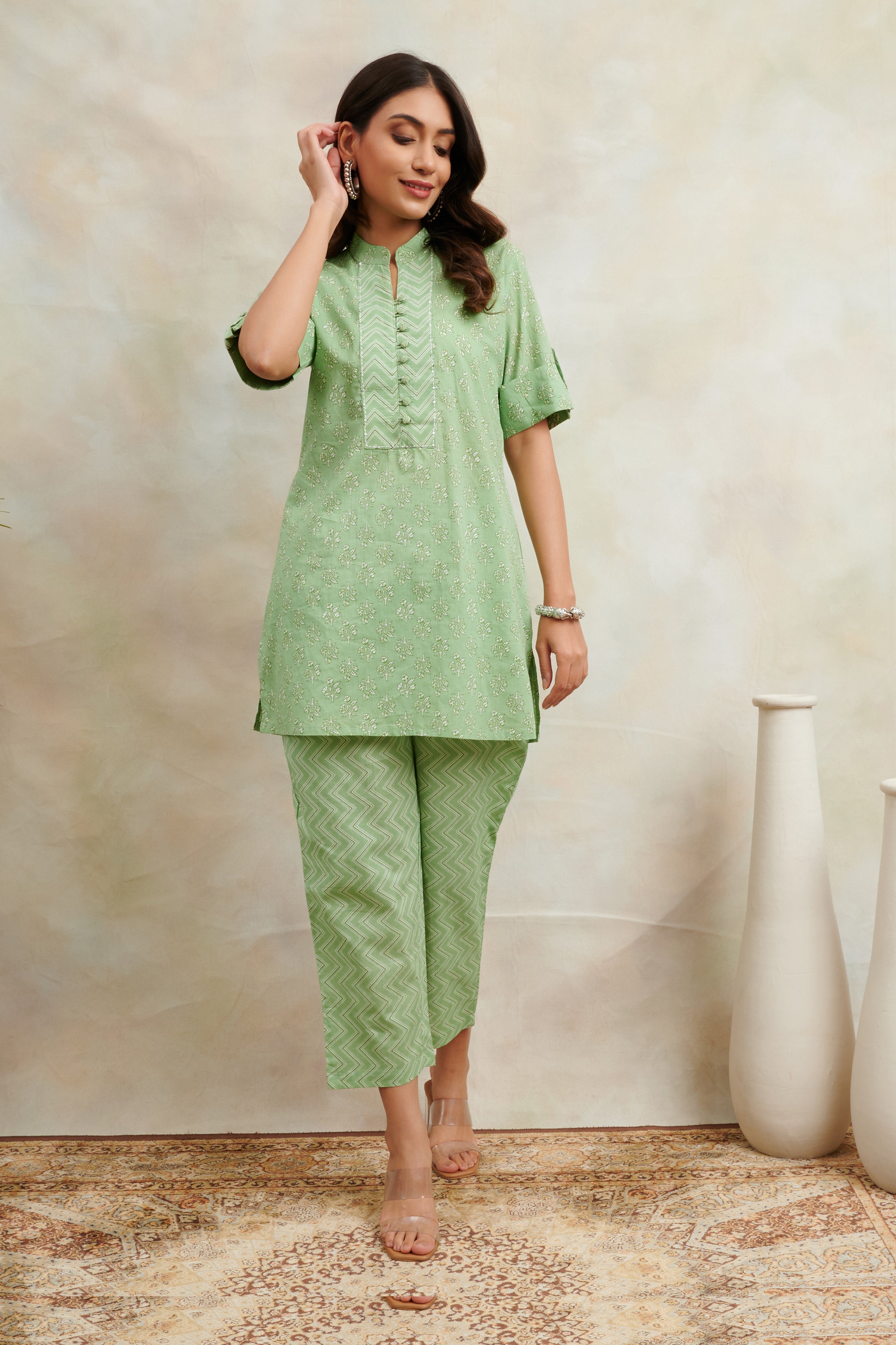Green Cotton Printed Co-ord Set