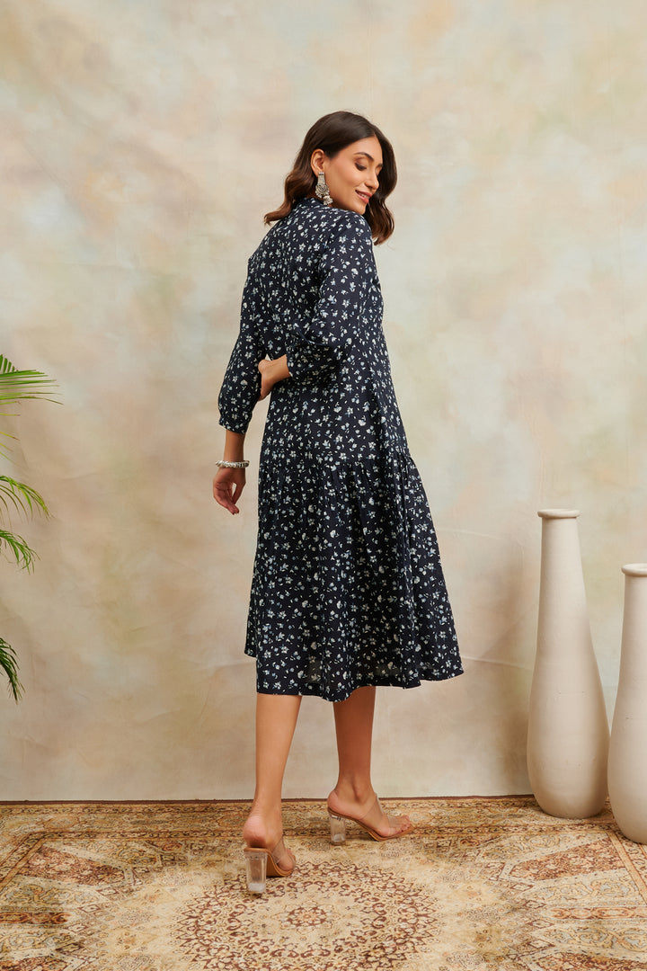 Black Printed Layered Cotton Dress - Tahiliya