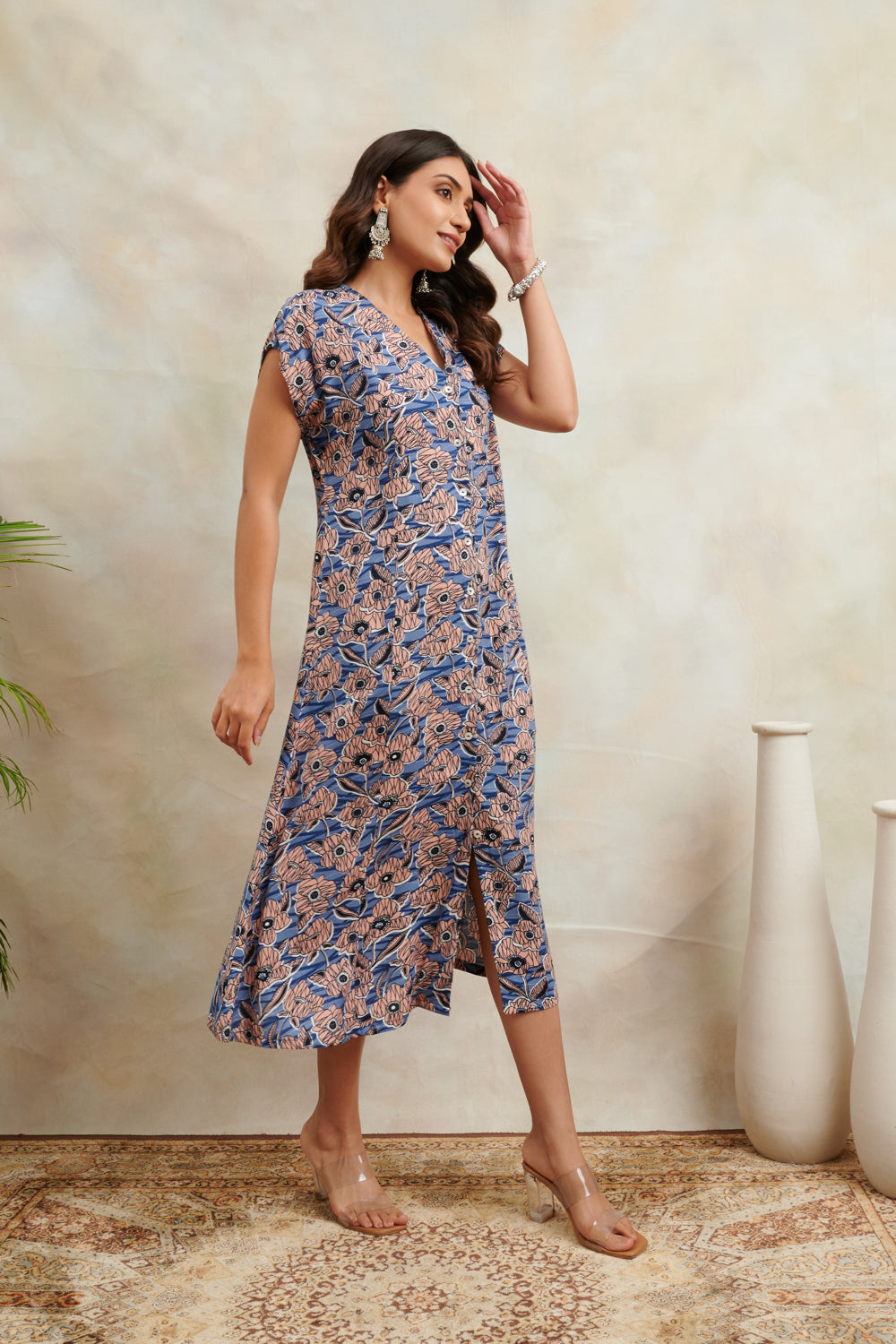 Blue Printed Modal Dress - Tahiliya