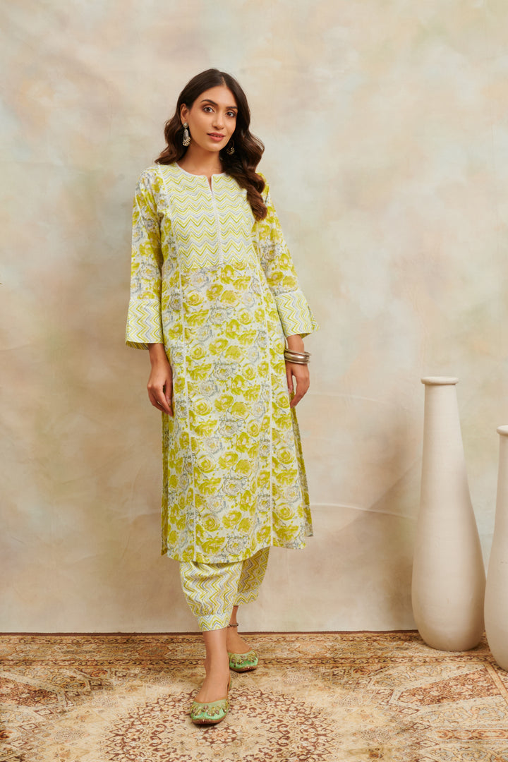 Lemon Yellow Printed Straight Kurta - Tahiliya