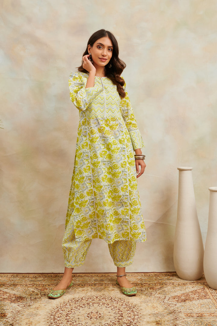 Lemon Yellow Printed Straight Kurta - Tahiliya