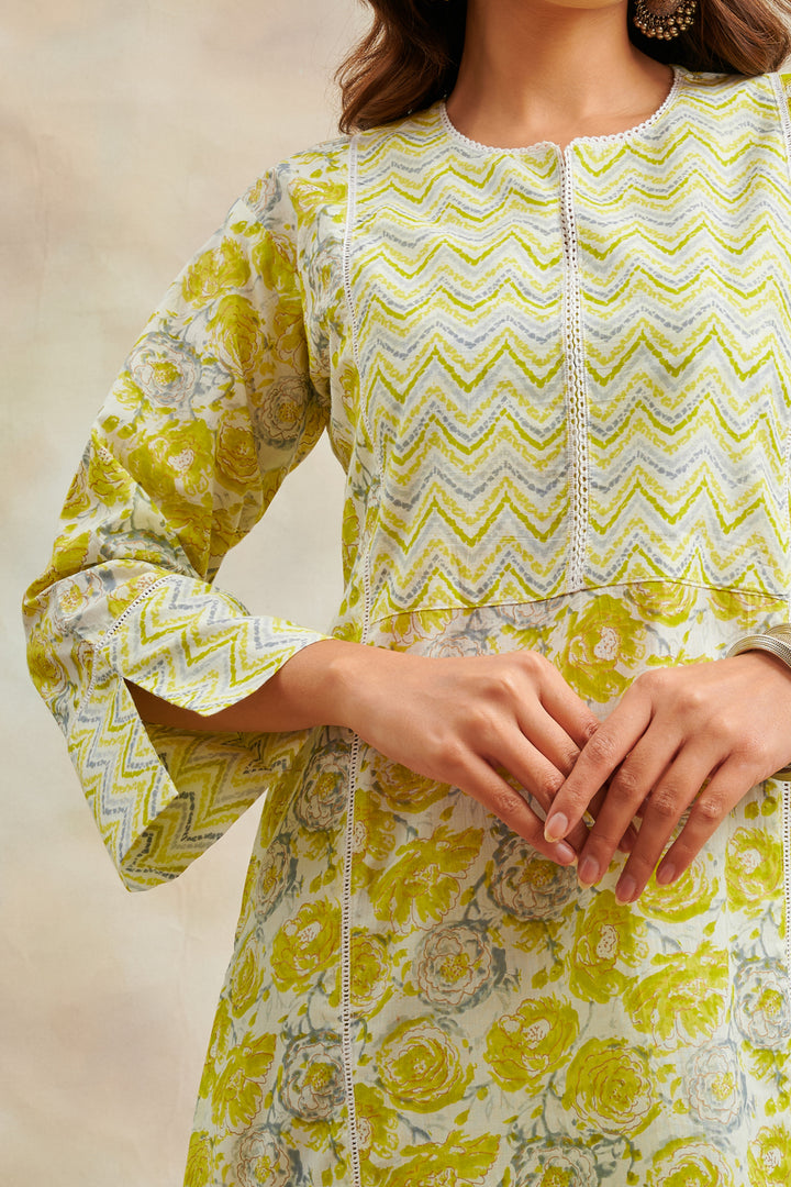 Lemon Yellow Printed Straight Kurta - Tahiliya