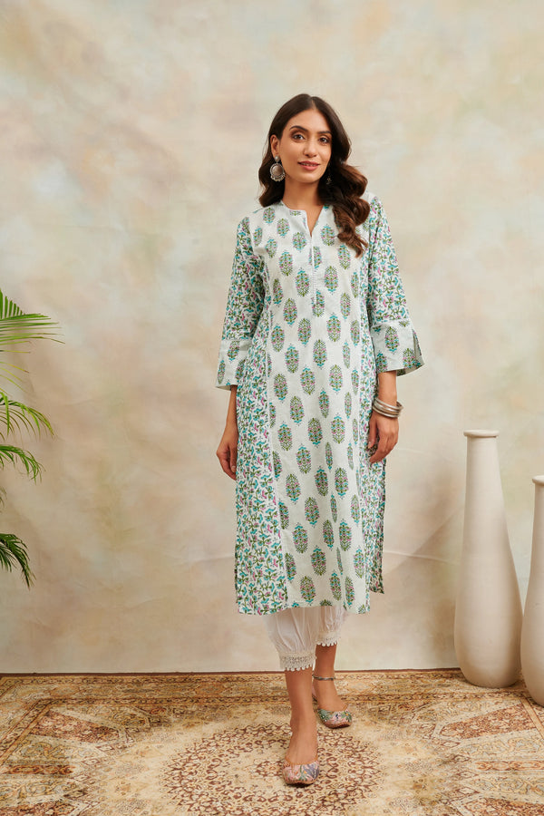 White & Teal Printed Sanganeri Straight Kurta