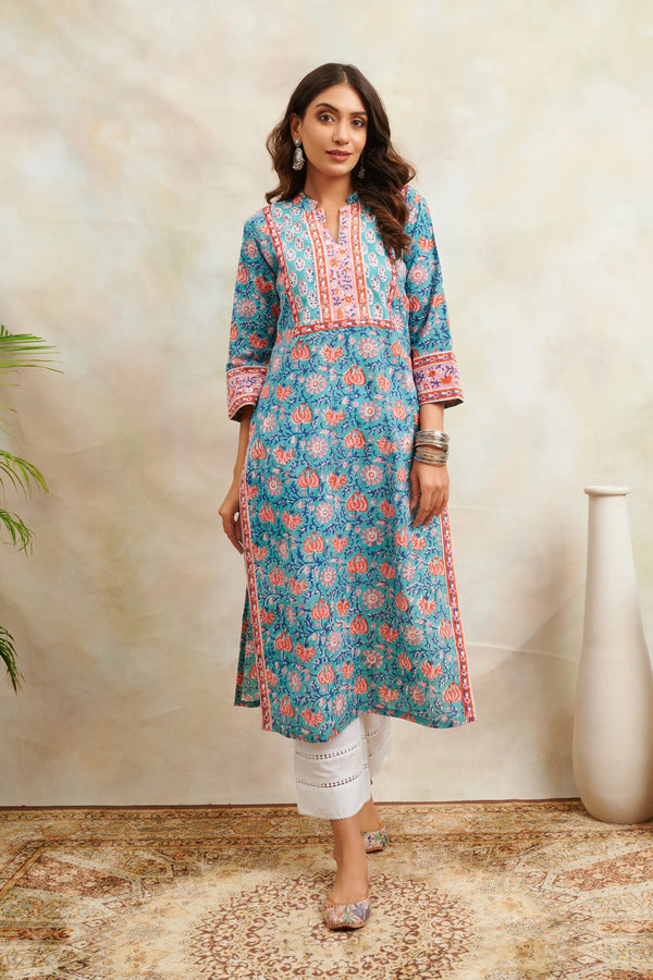 Teal Blue/Orange Sanganeri Straight Kurta