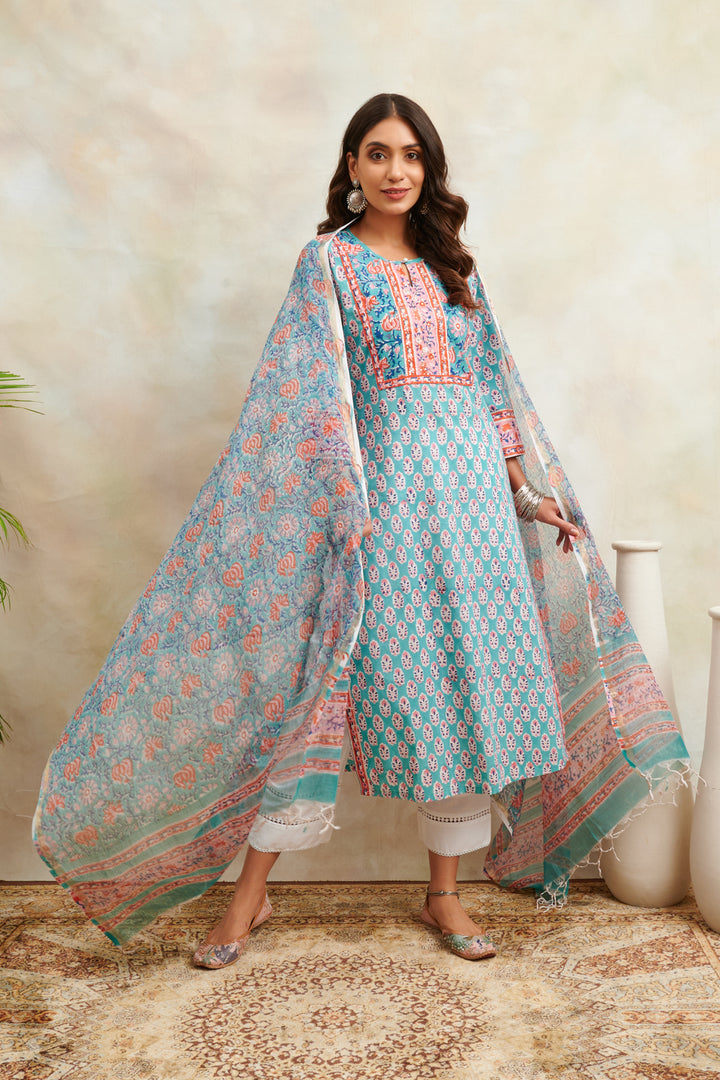 Teal Blue/Orange Kota Doria Dupatta - Tahiliya